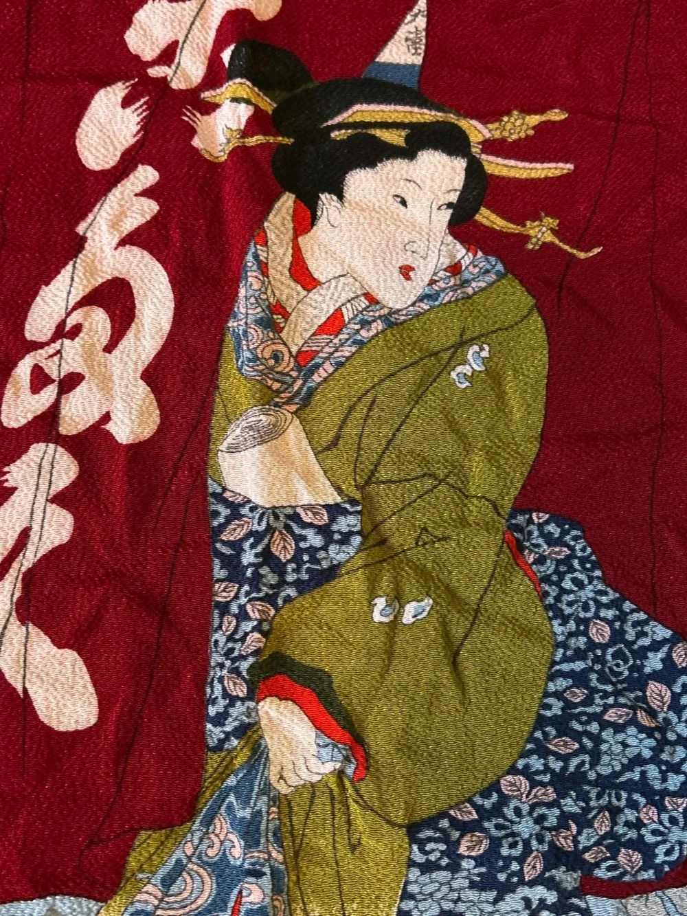 Source Unknown Red and Blue Japanese Geisha Tapestry with Gold Accents